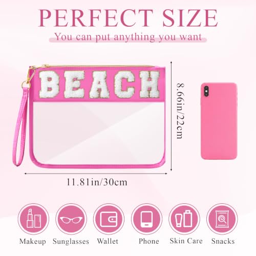 Kacctyen 20 Pcs Chenille Letter Beach Bags Cheerleader Clear Makeup Bags Snacks Pouch Bulk Preppy Patch Cosmetic Pouch with Wrist Strap Zipper for Travel Team Cheerleaders (Classic Color) - color: Classic Colo