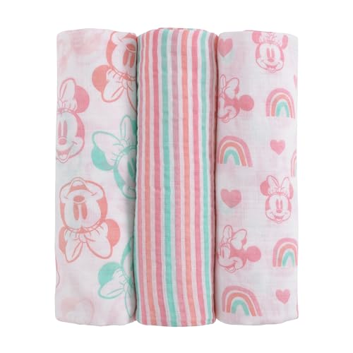 NoJo Disney 3 Piece Muslin Swaddle Set Minnie Mouse Blankets 44x44 Inches, Soft 100% Cotton Muslin Wonderful Baby Gift - color: Minnie Mouse Pink, Aqua, and White