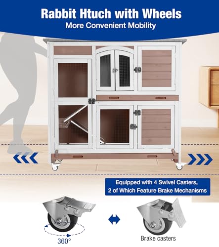 2-Story Rabbit Hutch with Wheels, Bunny Cage with Two Deepened Leak-Proof Trays, Indoor Outdoor Guinea Pig Cage with Waterproof Asphalt Roof - Brown - color: 44"L Milk Coffee