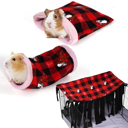 NAPLORD Small Pet Fleece Set,Guinea Pig Snuggle Sack, Tunnel,Fleece Forest Hideout,Square and Round Potty Pads for Guinea Pigs and More - color: Red, size: 3-piece set