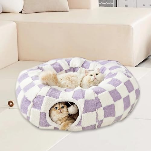 Cat Tunnel Bed with Washable Cushion for Indoor Cat, Donut Cave Tube Toys for Kitten Puppy Rabbit, Purple - color: Purple