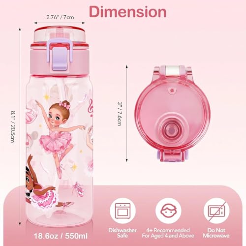 Tritan Kids Water Bottle for School, 18.6 Oz Leakproof Toddler Water Bottle | with a Pop-up Detachbale Straw, 2-in-1, Dishwasher Safe, 1-Pack, Ballerina - color: Ballerina