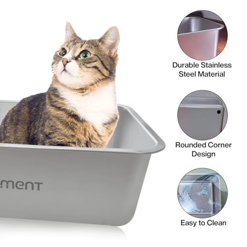 Stainless Steel Cat Litter Box – Large High-Sided Non-Stick Metal Pan with Anti-Slip Base, Easy-Clean Indoor Tray, 19.5" L x 13.5" W x 6" H in for Cats & Rabbits