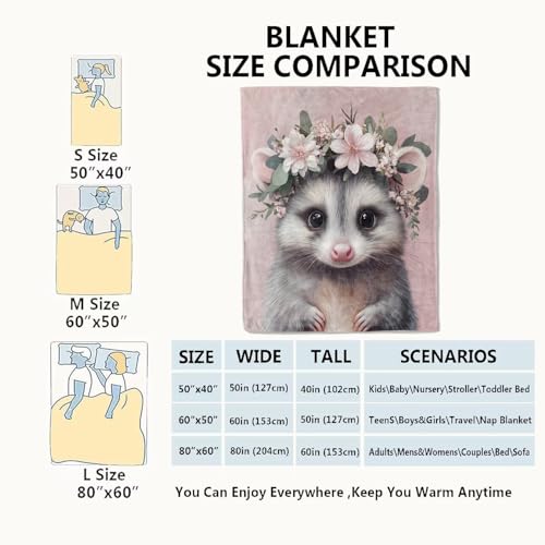 Cute Possum Blanket Sweet Opossum Pink Throw Blankets,Gifts for Kids Woman Adult,Lightweight Soft Fleece,Animal Floral Crown Design,for Sofa Couch Bed Room Modern Artistic Decor 50x60in - color: Possum, size: 50x60in