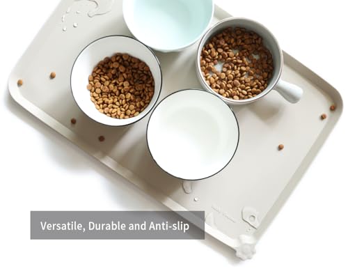 Hoki Found L Silicone Pet Food Mats - Non Slip Cat & Dog Bowl Mats - Waterproof & Carpet Safe - Cream Brown - color: Cream Brown, size: 22" x 14"
