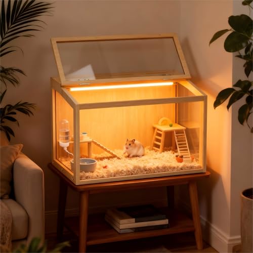 Hamster Cage: 24inch Wooden Small Animal Cage with Warm Light | Clear Chewy Proof Hamster House with Openable Breathable Top - size: 23.6"L x 15.8"W x 15.8"H