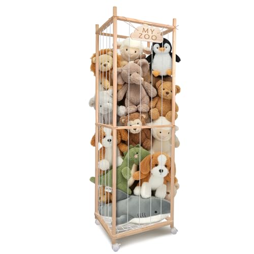 Stuffed Animal Storage Zoo with Wheels, 64" Wooden Large | Stuff Animals Plushies Holder, Toy Organizer Kids Plush Storage Cage, Elastic Band and Net, For Nursery Playroom Corner - color: Wooden