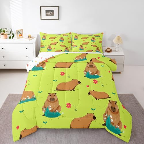 Capybara Comforter Set Gifts Queen Size, Kawaii Animal Decor Bedding Set Capybara Room Decor Capybara Floral Duvet Insert For Kids Boys Girls Bedroom, Funny Rodent Animals Quilt With 2 Pillow Cases - color: Multi 01, size: Queen