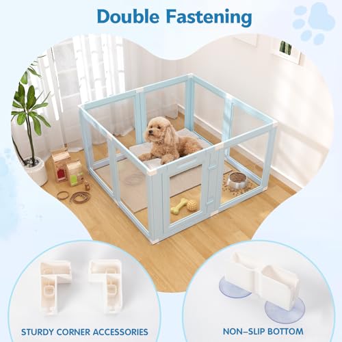 DIY Clear Acrylic Dog Playpen Indoor, Transparent Easy Cleansing Puppy Fence with Suction Cup, Easy-Assemble Indoor Whelping Crate for Small Puppies (23.6" H, 8PCS), Blue