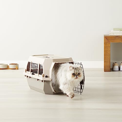 Amazon Basics Hard-Sided Dog and Cat Kennel, Single-Door Travel Pet Carrier with Metal Wire Ventilation, 23.6"L x 15.7"W x 13"H, Beige - color: Beige, size: 23.6"L x 15.7"W x 13.0"H
