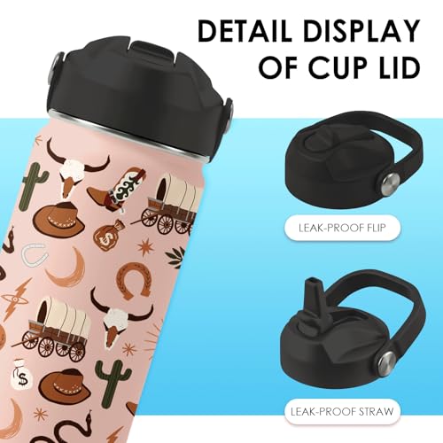 Western Cowboy Gifts - 16oz Kids Water Bottle with Straw Lid, Stainless Steel Insulated Tumbler, Leak Proof, BPA-Free, for Boys, School, Travel - Wild West Rodeo Cowgirl Kids Birthday Gifts Cups(1pc) - color: Cowboy1, size: 16 Ounces