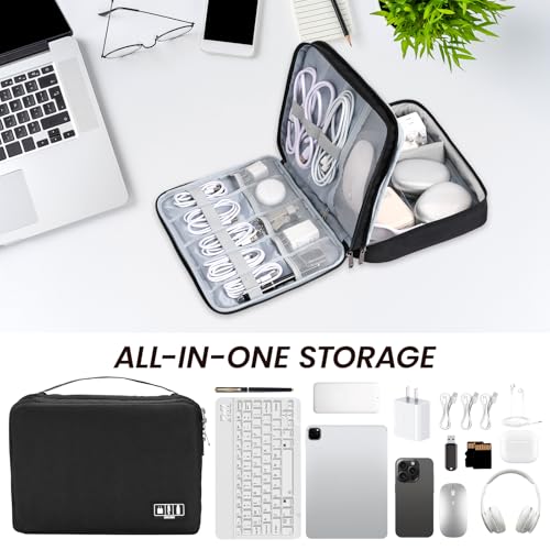 Electronic Organizer Travel Case, Double Layer Cable Organizer Bag | Double-layer design with adjustable dividers, mesh pockets and elastic loops for chargers, cables, power banks and gadgets - color: black