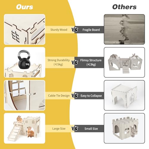 BWOGUE Wooden Bunny Castle Hideout, Extra Large Bunny House with Stairs | Bunny Houses and Hideouts, Split Balcony, Detachable Stairs, Ventilated Design, Indoor Rabbits Guinea Pigs and Chinchillas - style: 2 House and 1 Ladder
