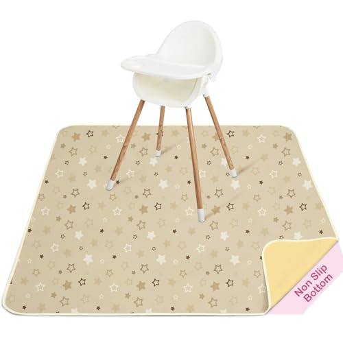 Basumee Splat Mat for Under High Chair, Waterproof & Mess-Proof Floor Mat | 46"×42" Baby Splash Mat, Non Slip Bottom, 4-Layer Fabric, Food & Liquid Catcher, Machine Wash for Boy Girl, Meals, BLW, Craft - color: Brown Stars, size: 46x42 Inches