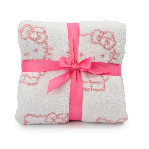 Jay Franco Sanrio Hello Kitty Cute Fluffy Throw Blanket - Reversible 50x60 | Cozy Feather Knit, Super Soft Checkered Pink Kawaii, Lightweight, Machine Washable for Couch, Sofa, Bed (Officially Licensed) - color: White - Hello Kitty