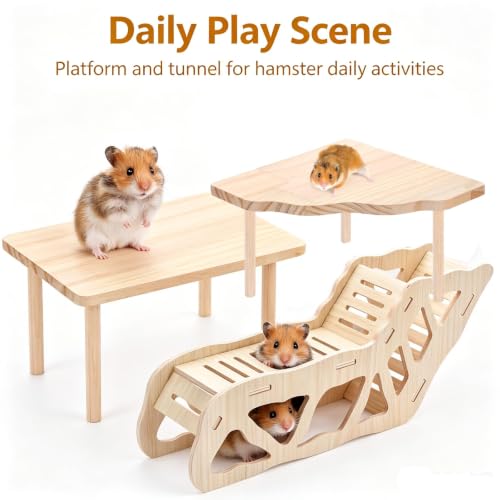3-Piece Hamster Wooden Platform Play Set with Ladder Tunnel, Natural Wood Hamster Cage Accessories, Small Animal Climbing Stand Hideout for Dwarf Syrian Hamsters Gerbils Mice Rats