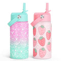 SANDJEST Kids Water Bottle with Straw Lid, Pack of 2 Insulated 12 Oz Stainless Steel Water Bottles for Girls, Travel Cup for School Sports, Mermaid - Strawberry - color: Mermaid - Strawberry (Pack 2)