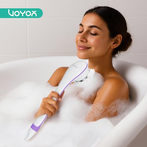 VOYOR Electric Body Brush for Showering, Back Scrubber for Shower, Purple | Rechargeable Exfoliating Bath Brush Powered Shower Brush Non-Slip Long Handle Deep Cleansing, Massaging Brush Women Men BC100 - color: Purple