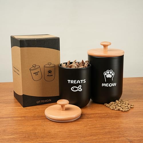 Cat Treat Container with Airtight Lid, Cat Food Oganizer Dry Food, Cat Food Storage Containers, Pet Treats Canister, Cat Treat Jar Set of 2-8.3x4.9 & 7.1x4.3 (Black) - color: Black