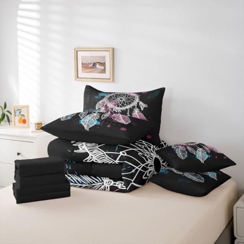 Erosebridal Dream Catcher 7 Piece Bedding Set Full Bohemian Mandala Comforter Set with Sheets Feathers Exotic Indian Style Bed in A Bag Kids Boys Girls Teens Bed Sets - color: Black, size: Full