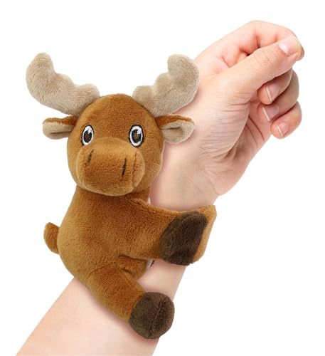 DolliBu Moose Stuffed Animal Slap Bracelet - Fluffy Wild Animal Magnetic Snap Bracelet for Kids, Wearable Plush Slap Bracelet Wrist Band Toy for Children's Accessory, Play and Party Favor - 5 Inch