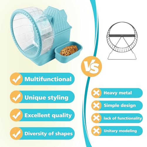 4 in 1 Silent Large Hamster Wheel Multifunctional Hamster Running Wheel Quite Running Spinner Wheel Accessories with Food Bowl Water Bottle for Hamsters Dwarf Gerbil (Blue) - color: Blue