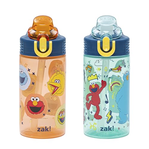 Zak Designs Sesame Street Sage 16oz Leak-Proof Straw Kids Water Bottle | BPA Free Durable Plastic, Cupholder Friendly, Dishwasher Safe, Easy to Clean, Lid Lock, Handle, For School, Home, Travel - color: Elmo & Friends
