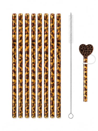 10PCS Set Leopard Straw Cheetah Animal Straws Hard Plastic Reusable Straw and Cleaning Brush Heart Silicone Straw Toppers with Leopard Print Summer Party Supplies (Brown) - color: Brown