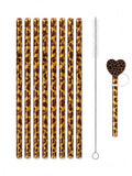 10PCS Set Leopard Straw Cheetah Animal Straws Hard Plastic Reusable Straw and Cleaning Brush Heart Silicone Straw Toppers with Leopard Print Summer Party Supplies (Brown) - color: Brown