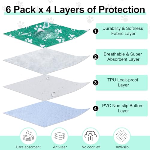 BEAUTYZOO 6 Pack Washable Pee Pads for Dogs, Reusable Puppy Pads for Potty Training, Waterproof Super Absorbent Whelping Pads, Mats Non Slip Against Urine for Small Medium Dogs Cats, 16" x 24" - color: Green, size: 16 X 24 Inch (Pack of 6)
