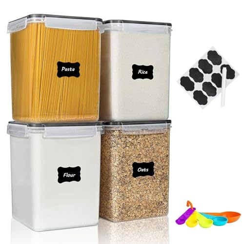 4pc 5.2L Large Airtight Plastic Canisters with Lids, Cups & Labels | 4pk 5.2L airtight containers block moisture. Stackable bins fit rice, flour and all baking pantry supplies - size: 4 pcs(5.2L)