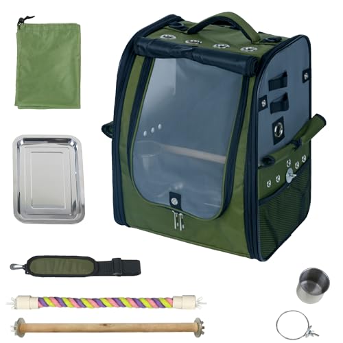 Birds Day Bird Carrier Backpack - Breathable Mesh Portable Parrot Travel Cage with 2PCS Perch, Food Bowl, and Stainless Steel Tray (Dark Olive Green) - color: Dark Olive Green
