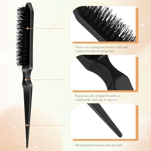 Yaomiao 6 Pack Teasing Brushes 3 Row Combs,Black | Nylon Bristle Tool for Women Styling, Back Combing Root Lifting Fine Hair Volume, Scalp Massage, Salon Home Use - color: Black