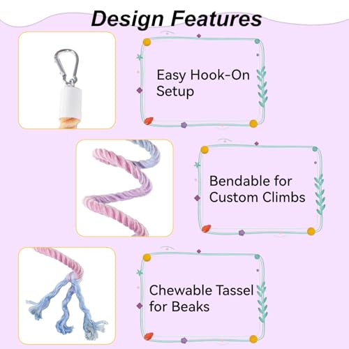 31.5" Bendable Bird Perch Cotton Rope Rainbow Bird Toy Twistable Ladder Swing Chewable Gym for Parakeets Cockatiels Conures Lovebirds