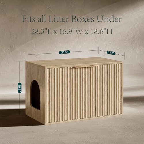 Evermagin 31.5" Cat Litter Box Enclosure Furniture | Oak Hidden Litter Box Cabinet, Modern Indoor Cat House, Fluted Kitty End Table for Living Room, Bedroom, Entryway - color: Oak