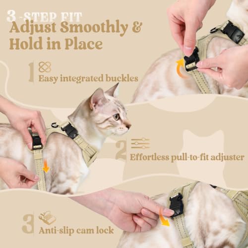 rabbitgoo Cat Harness and Leash Set, Easy-on with Neck Buckle, Cream Coffee | Escape Proof, No Over-the-head, Soft Air Mesh, 3 Lockable Adjusters & Buckles, Reflective, for Kittens & Small Cats Walks, Xs - color: Cream coffee, size: Xs