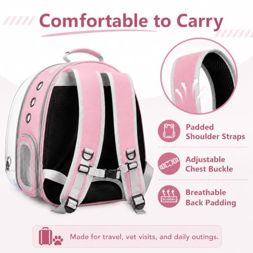 Expandable Cat Carrier Backpack with Bubble Window, Pink | Breathable mesh, anti-collapse frame, side door, safety leash and escape-resistant zippers for vet visits and outdoor travel. - color: Pink