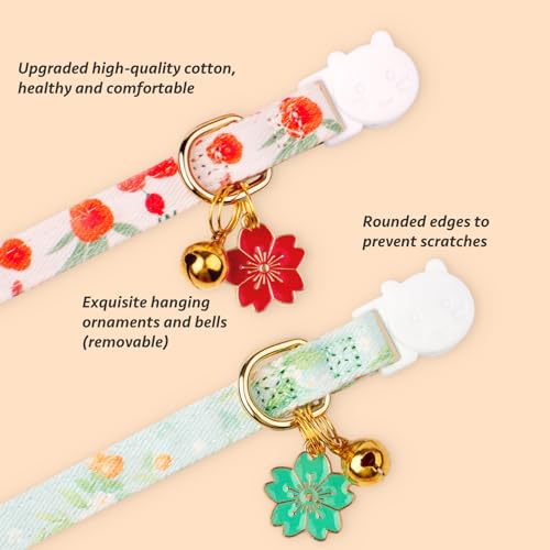 2 Pack Cotton Cat Collar Green and Red Flowers Cute Kitten Cat Collar | Breakaway Breathable Soft material With cute pendants with Bell - color: Green&Red
