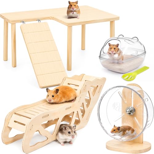 BreezeHug 4 Pcs Hamster Cage Accessories Hamster Platform Hideout Wooden Tunnel Ladder Playhouse Game Climbing Toy with Platform for Pets Dwarf Syrian Mice Degus Gerbils Squirrel(Wood) - style: Wood