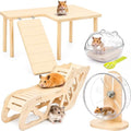 BreezeHug 4 Pcs Hamster Cage Accessories Hamster Platform Hideout Wooden Tunnel Ladder Playhouse Game Climbing Toy with Platform for Pets Dwarf Syrian Mice Degus Gerbils Squirrel(Wood) - style: Wood