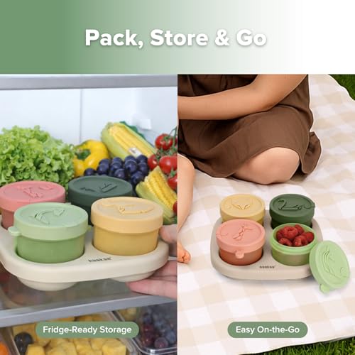 Haakaa Silicone Baby Food Containers, 4oz/120ml Baby Food Jars with Leakproof Animal Lids and Tray, Freezer-Safe Storage for Homemade Purees, Snacks & Meal Prep, 4 Pack, Oat Tray - color: Oat Tray