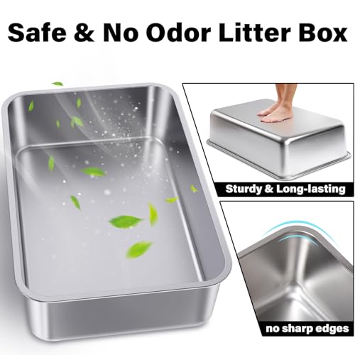 Stainless Steel Litter Box 2 Pack, Metal Litter Box XL | 23.6" X 15.7" X 6" Extra Large Steel Litterbox for Big Cat, Multiple Cats, Non Stick, No Smell, Easy Cleaning - size: 2 Pack-X-Large (23.6"×15.7"×6")