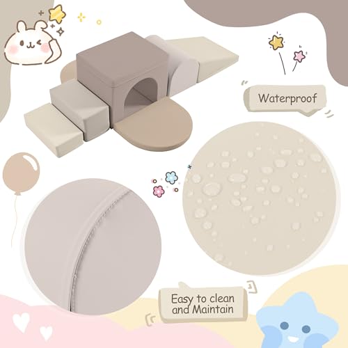 Merax Indoor Soft Foam Tunnel Climber, Toddler Climbing Toys with Tunnel | Soft Climb and Crawl Playset Baby Soft Foam Blocks with Steps and Ramp, 7-piece - color: Cappuccino