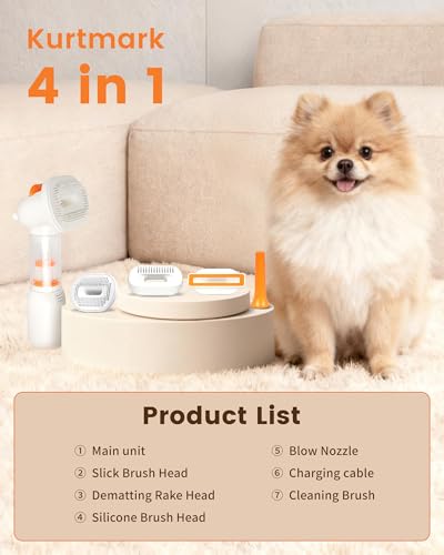 Vacuum Dog Brush for Shedding, Mess-Free Grooming | 4-in-1 Grooming, Traps Loose Hair, Self-Cleaning, Slicker Brush, Low Noise, Dogs & Cats, Short & Medium Coats