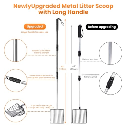 Cat Litter Scoop 43 inch Metal Litter Scooper with Stainless Steel Long Handle, Upgraded Large Kitty Box Scooper Heavy Duty Deep Shovel for Fast Sifting, Dog Waste Scooops for Outside Pet Poop - size: Long Handle-Upgraded