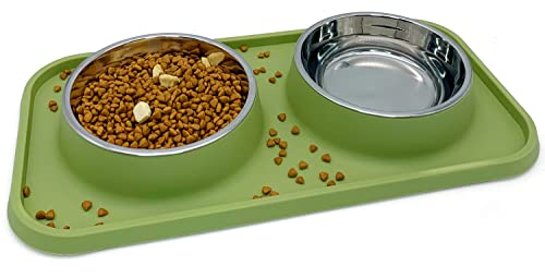 BNOSDM Double Dog Food Bowls Stainless Steel Dog Food and Water Bowls with Non-Spill Plastic Mat Pet Cat Feeder Bowl Set for Puppy Cats Kitten Small Dogs, Dark Green - color: Dark Green【Set of 1】