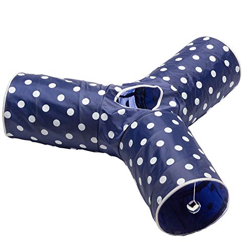 Cat Tunnel - Collapsible 3 Way Polka Dot Play Toy - Tube Fun for Rabbits, Kittens, and Dogs - Polka Dot Navy/White - color: Blue/White
