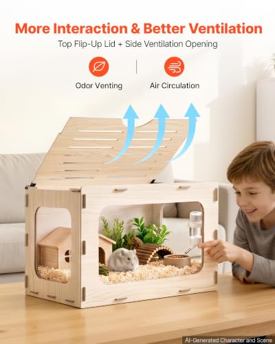 VEVOR Wooden Hamster Cage 23.8"x15.9"x15.9" 270° Viewing Hamster Habitat, Chewproof Small Animal Cage with Openable Top, Large Pet House Wood Enclosure for Syrian/Dwarf Hamsters, Guinea Pigs, Gerbils - size: 23.8"L x 15.9"W x 15.9"H