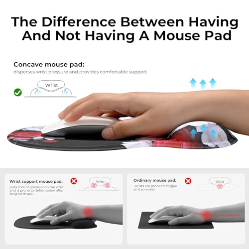 EooCoo Mouse Pad with Gel Wrist Rest, Ergonomic Mousepad Wrist Alignment | Middle Concave Design for Natural Wrist Alignment, Non-Slip Base Mousepad, Carpal Tunnel Relief, Office Desk Accessories - color: Black Flower