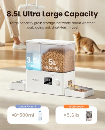 Automatic Cat Feeder & Water Dispenser,Button Customizable Feeding | 2 in 1 Feeding Drinking Water/5L Food Feeder,3.5L Water Fountain/Stainless Steel Bowls/Detachable Clean/White - color: White, size: 8.5L-Standard